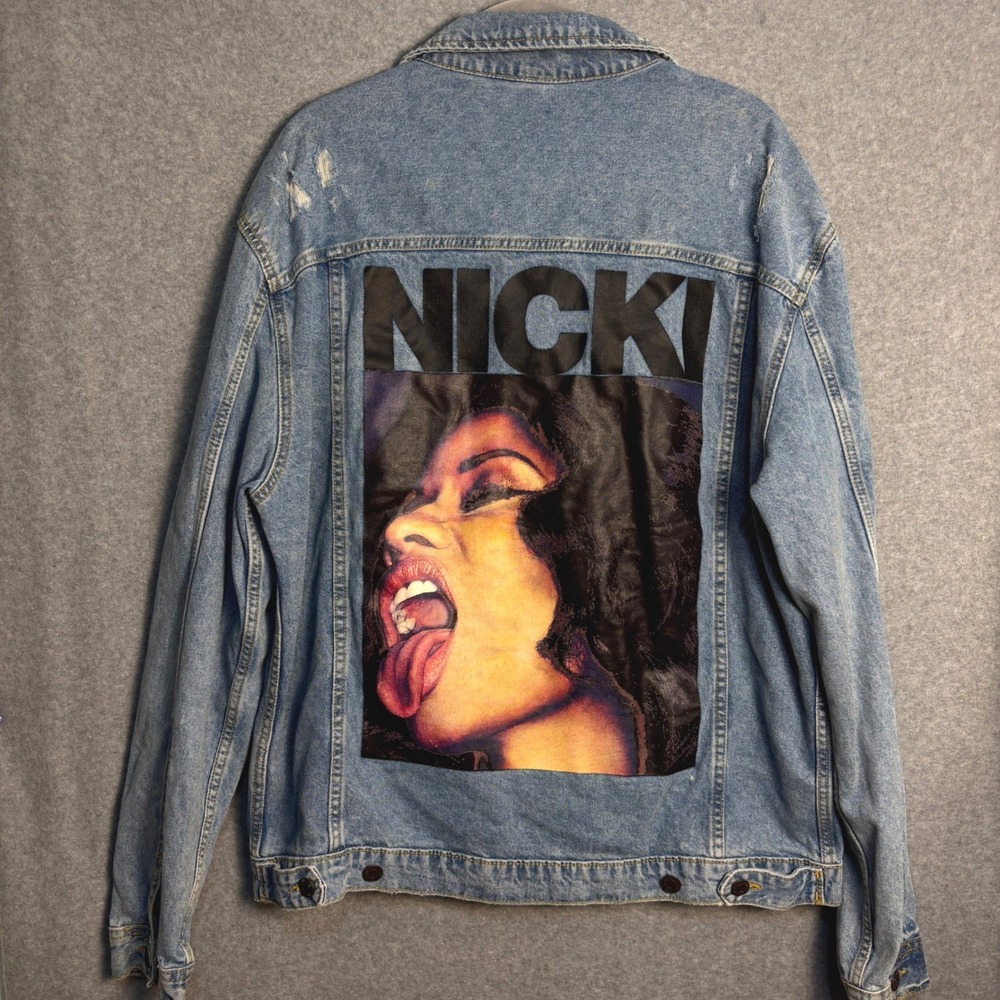 H&M Nicki Minaj Distressed Denim Jacket L Graphic Limited Edition Oversized